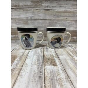 Loon Lake‎ Stoneware Mugs by Scotty Set of 2 Black Rim Bird Art
